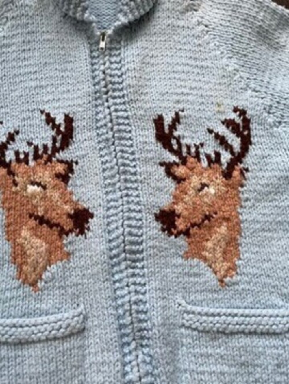 Vintage 1980s Knit Cowichan Style Knit Sweater Full Zip Deer Graphic Blue Large - Picture 4 of 11